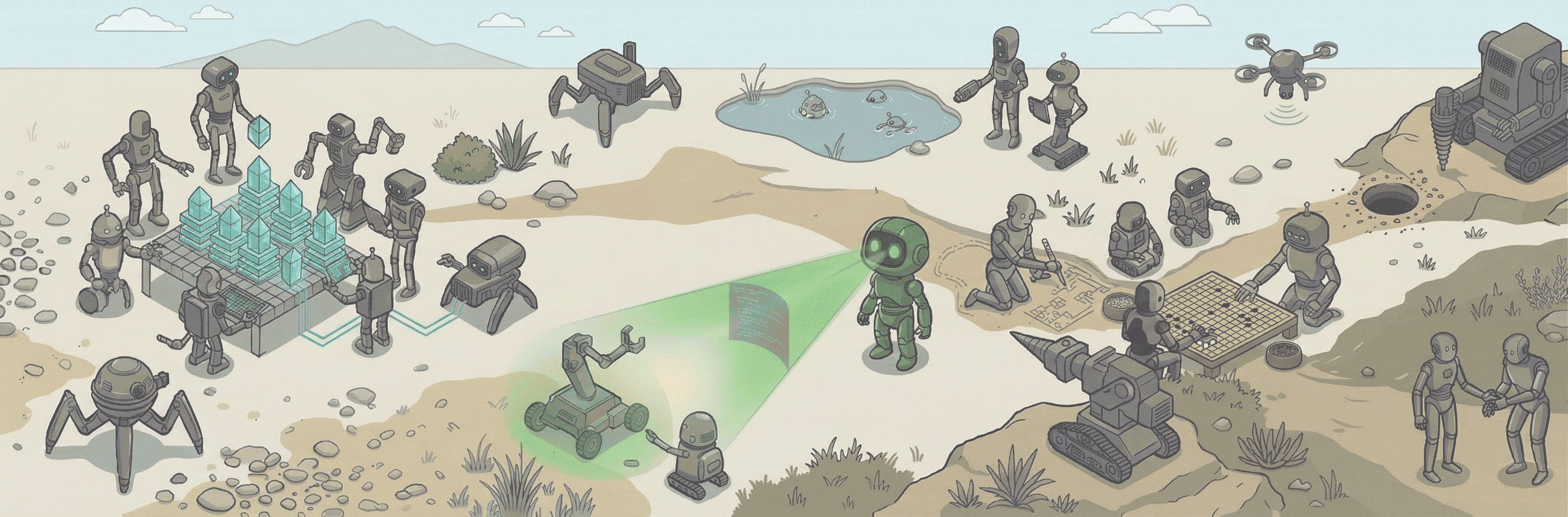 Illustration: robots collaborating in a wide desert landscape—building, mapping, and learning together